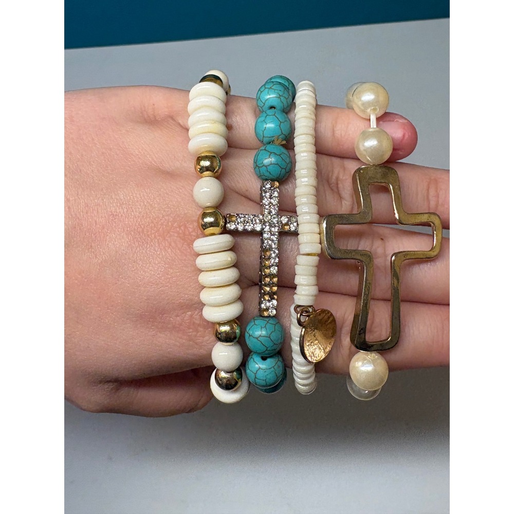Set of‎ 4 Beaded Stretch Bracelets Turquoise Cream Faux Pearl Rhinestone Cross